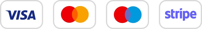 Accepted payment cards - Visa, Mastercard and Stripe.